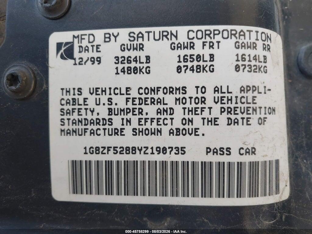 1G8ZF5288YZ190735 2000 SATURN SL photo no. 9