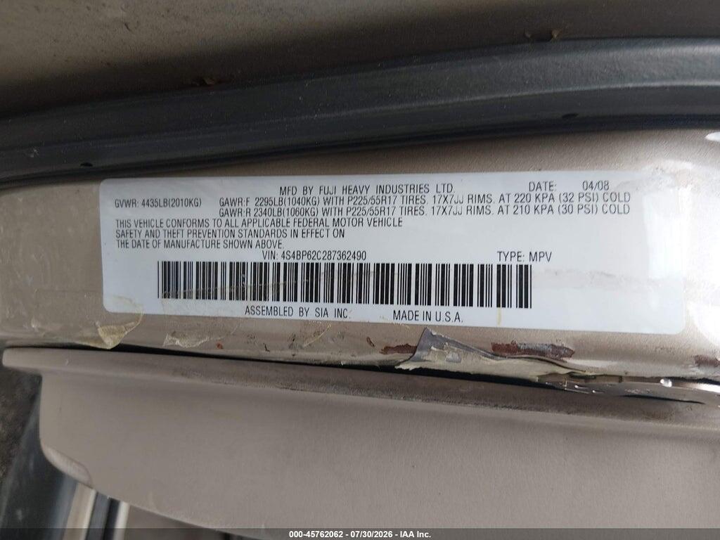 4S4BP62C287362490 2008 SUBARU OUTBACK (NATL photo no. 9