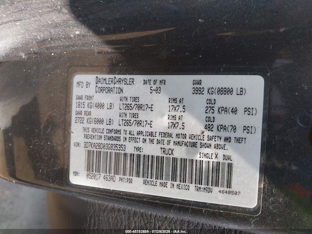 3D7KA28D03G835353 2003 DODGE RAM 2500 photo no. 9