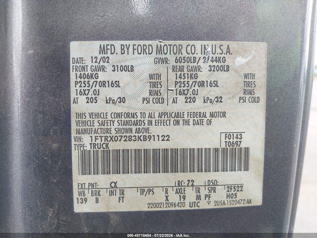 1FTRX07283KB91122 2003 FORD F-150 photo no. 9