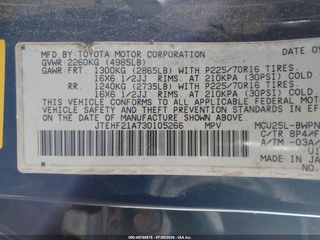 JTEHF21A730105266 2003 TOYOTA HIGHLANDER photo no. 9