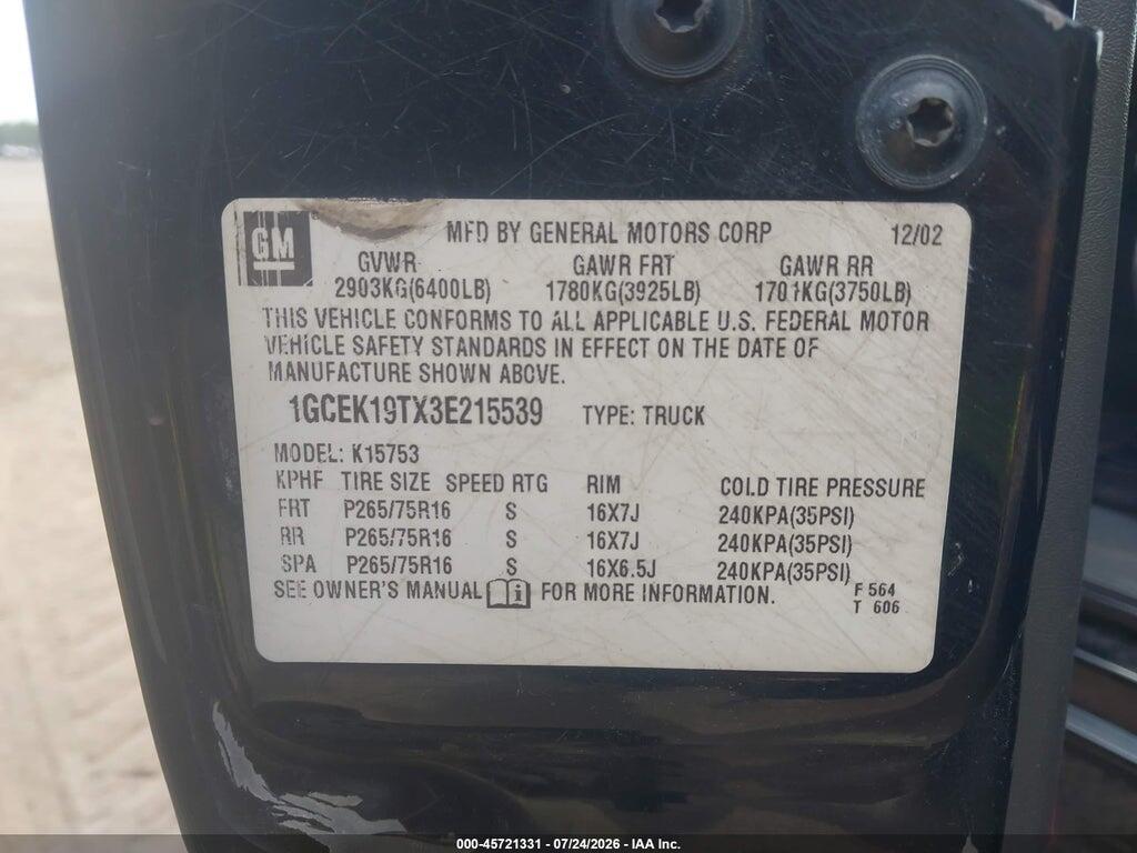 1GCEK19TX3E215539 2003 CHEVROLET SILVERADO 1500 photo no. 9