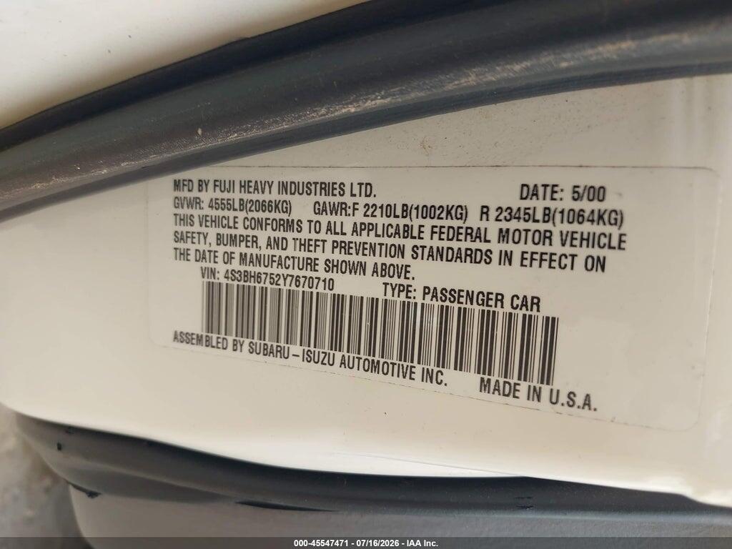 4S3BH6752Y7670710 2000 SUBARU OUTBACK photo no. 9