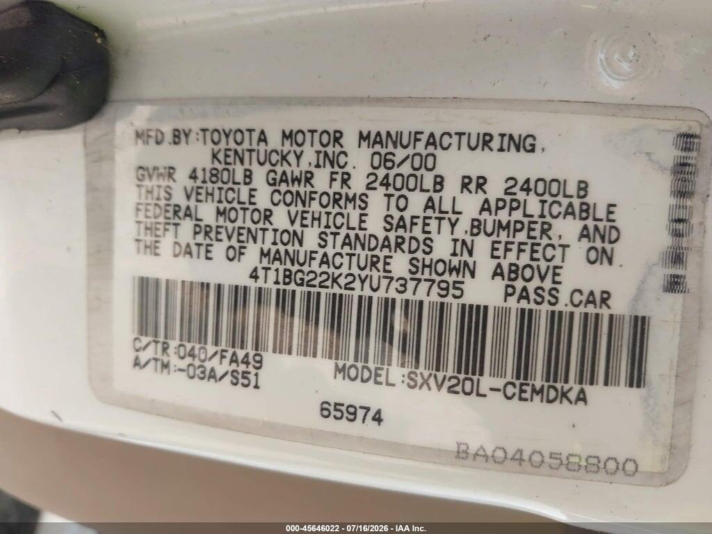 4T1BG22K2YU737795 2000 TOYOTA CAMRY photo no. 9
