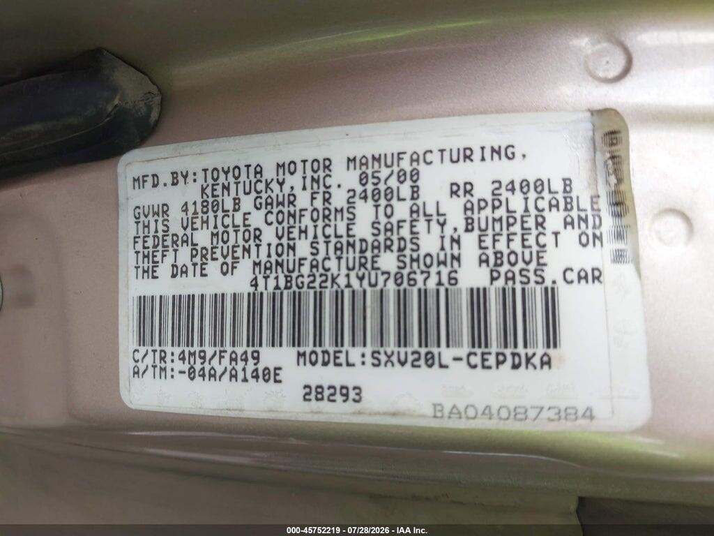 4T1BG22K1YU706716 2000 TOYOTA CAMRY photo no. 9