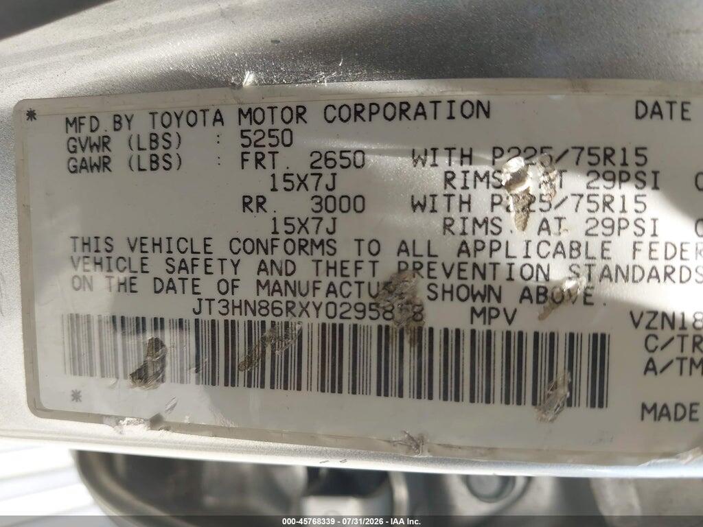 JT3HN86RXY0295858 2000 TOYOTA 4RUNNER photo no. 9
