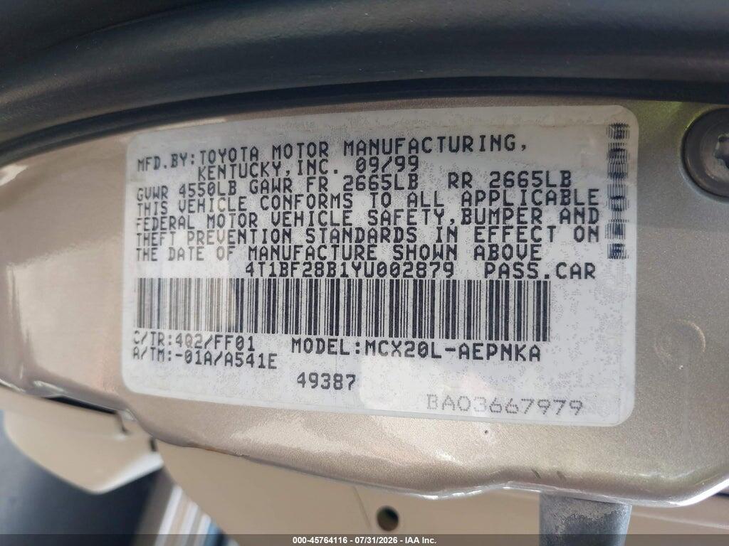 4T1BF28B1YU002879 2000 TOYOTA AVALON photo no. 9