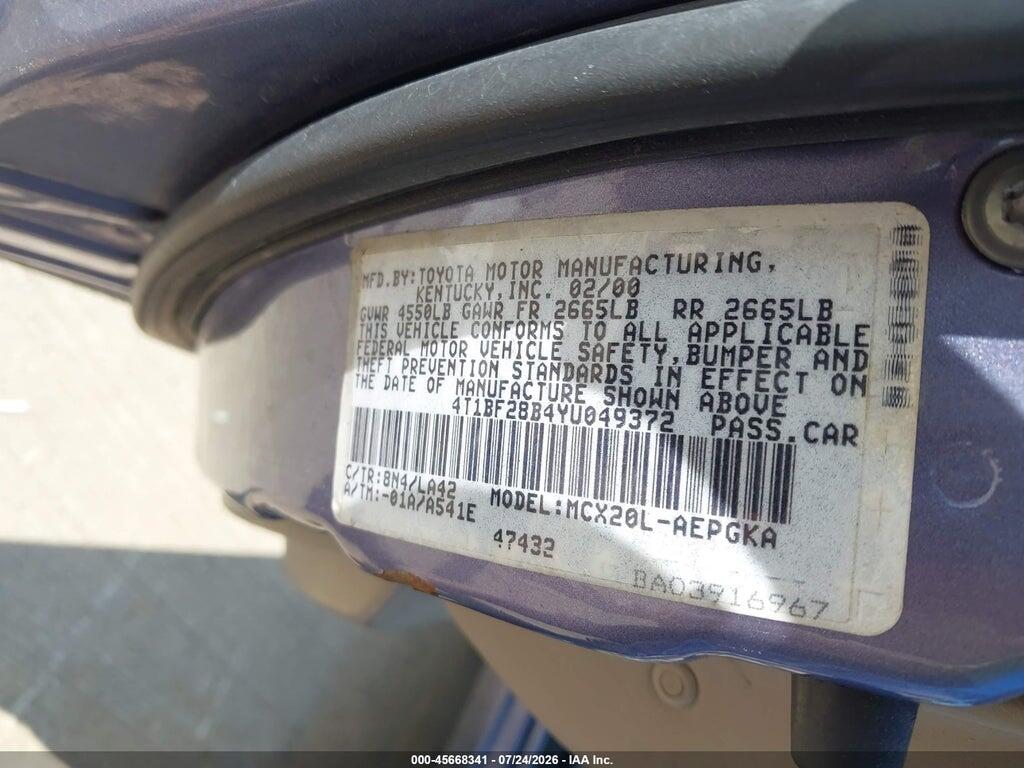 4T1BF28B4YU049372 2000 TOYOTA AVALON photo no. 9