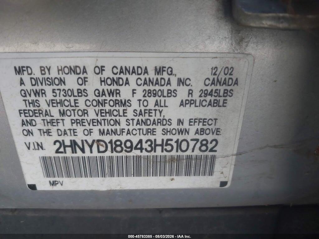 2HNYD18943H510782 2003 ACURA MDX photo no. 9