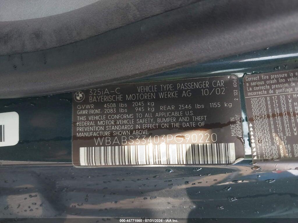 WBABS33403PG90220 2003 BMW 325CI photo no. 9