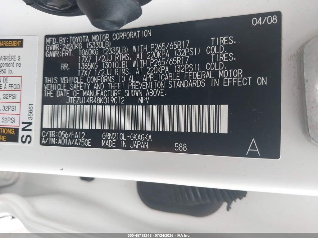 JTEZU14R48K019012 2008 TOYOTA 4RUNNER photo no. 9