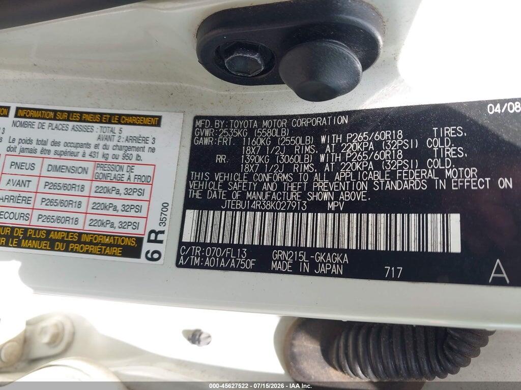 JTEBU14R38K027913 2008 TOYOTA 4RUNNER photo no. 9