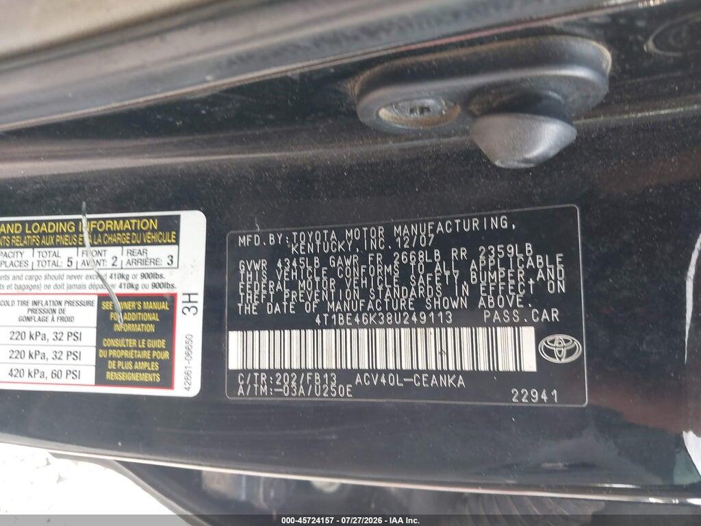 4T1BE46K38U249113 2008 TOYOTA CAMRY photo no. 9