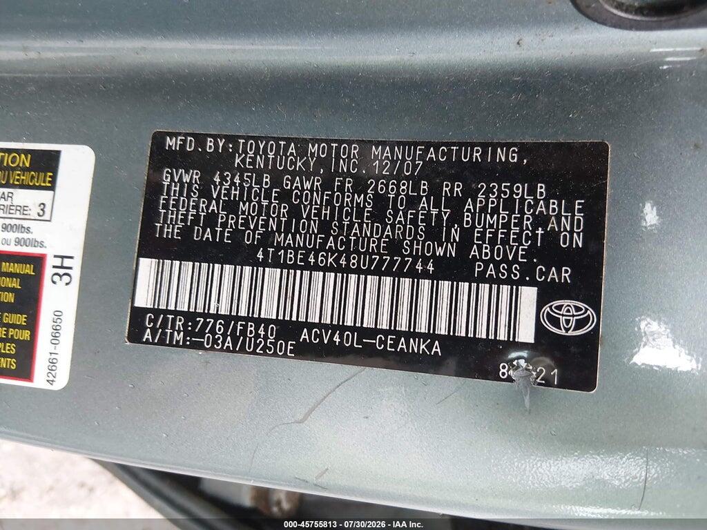4T1BE46K48U777744 2008 TOYOTA CAMRY photo no. 9