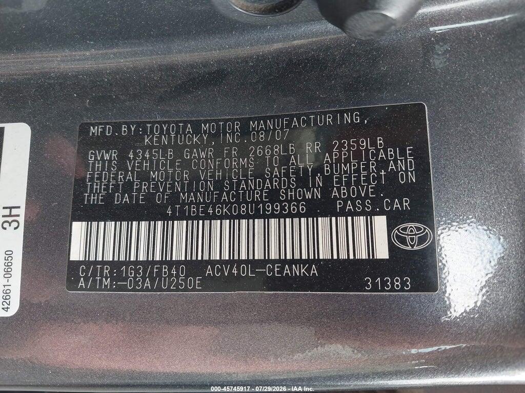 4T1BE46K08U199366 2008 TOYOTA CAMRY photo no. 9