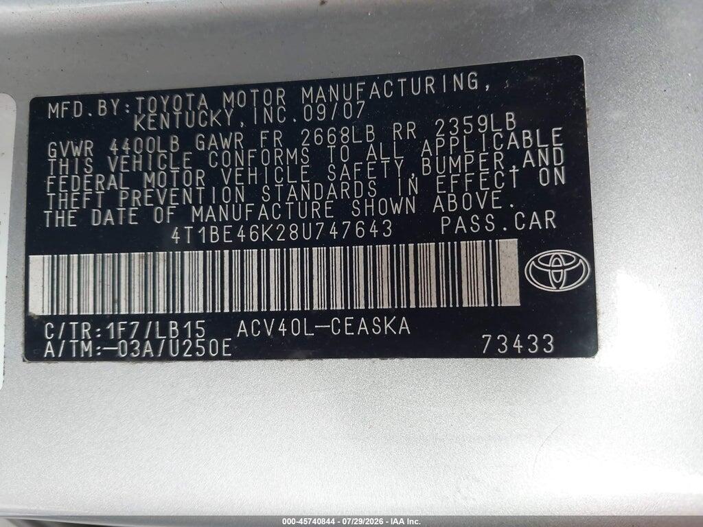 4T1BE46K28U747643 2008 TOYOTA CAMRY photo no. 9