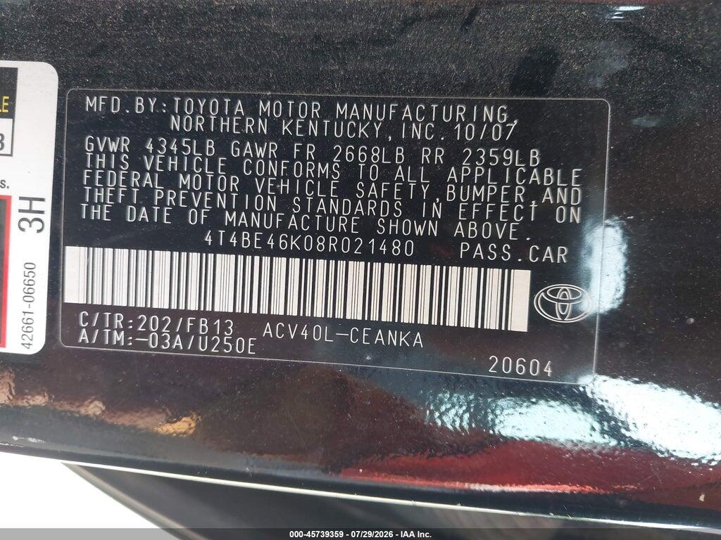 4T4BE46K08R021480 2008 TOYOTA CAMRY photo no. 9