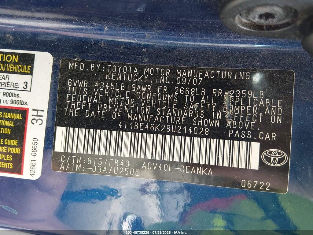 4T1BE46K28U214028 2008 TOYOTA CAMRY photo no. 9