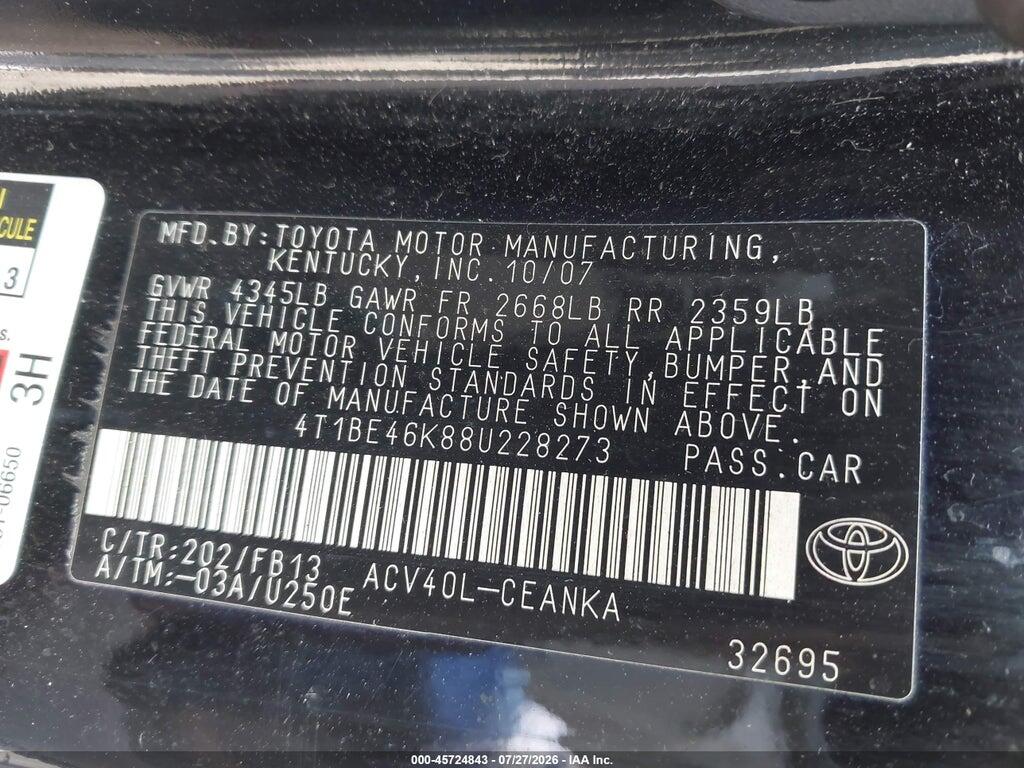 4T1BE46K88U228273 2008 TOYOTA CAMRY photo no. 9