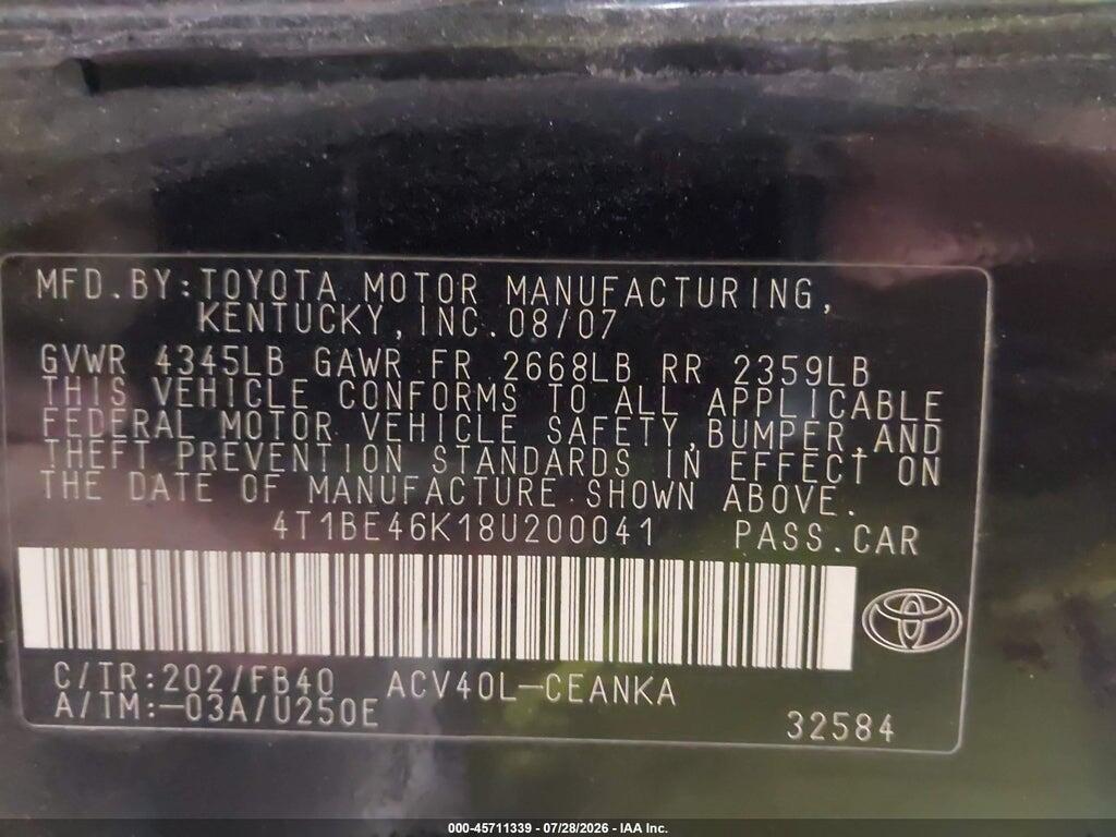 4T1BE46K18U200041 2008 TOYOTA CAMRY photo no. 9