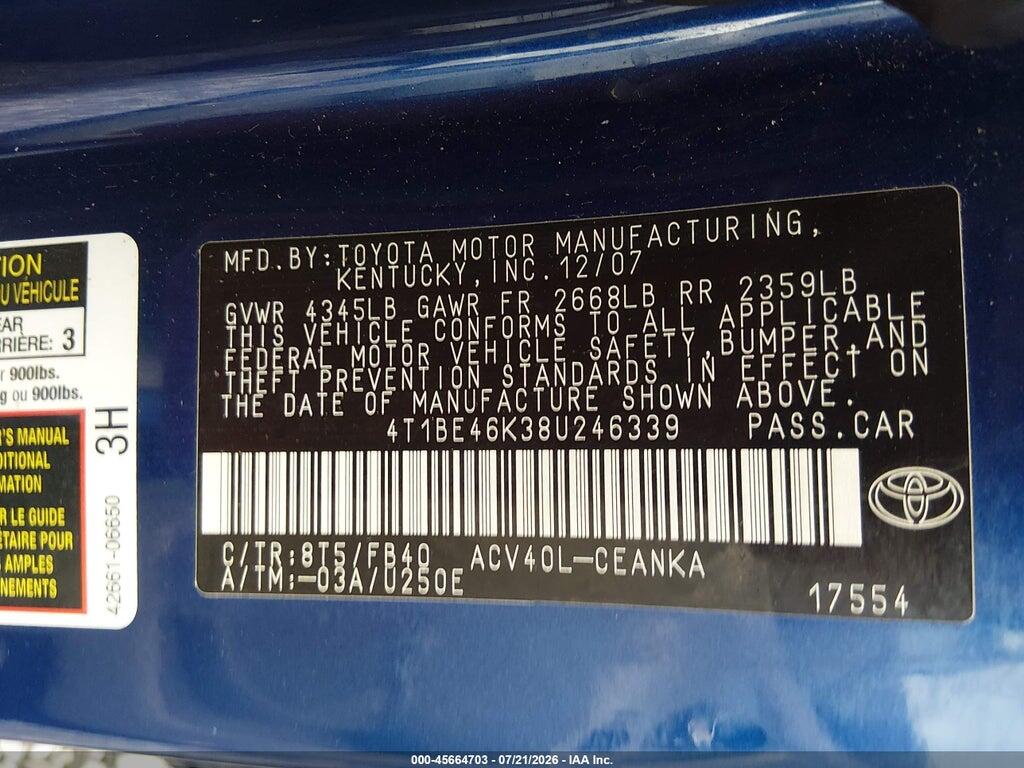 4T1BE46K38U246339 2008 TOYOTA CAMRY photo no. 9