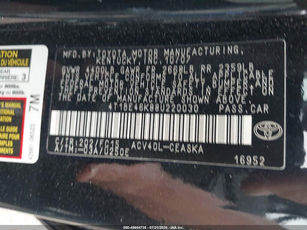 4T1BE46K88U220030 2008 TOYOTA CAMRY photo no. 9