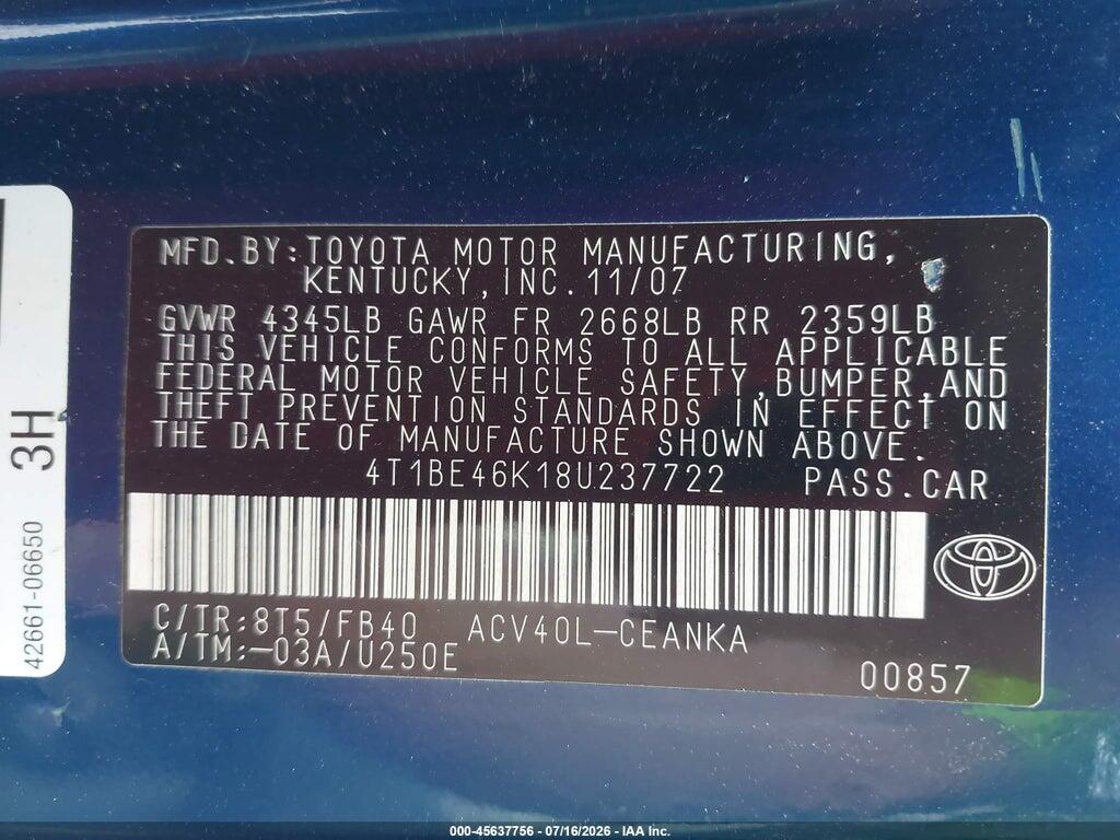 4T1BE46K18U237722 2008 TOYOTA CAMRY photo no. 9
