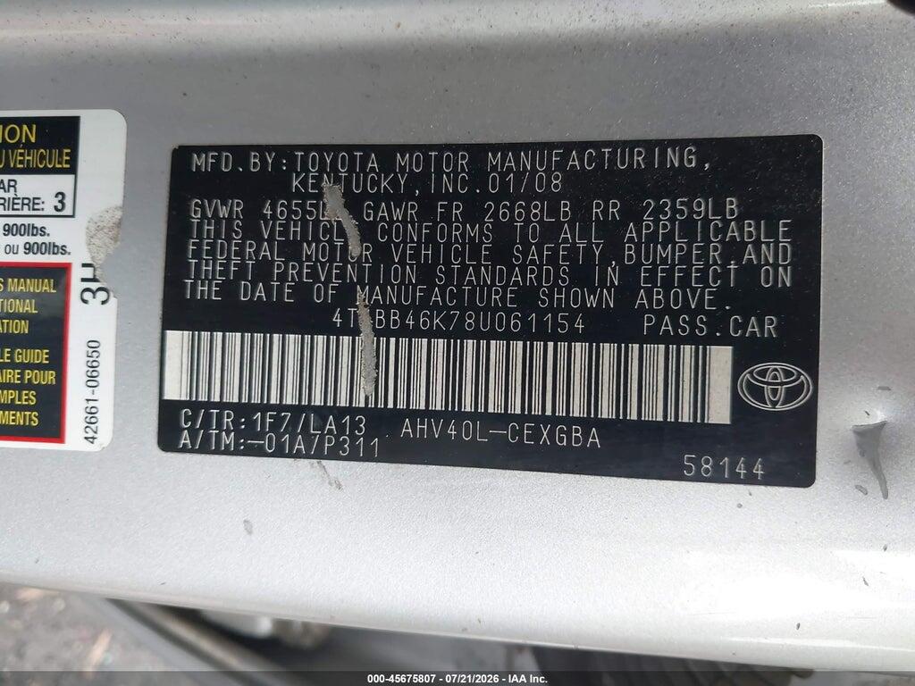 4T1BB46K78U061154 2008 TOYOTA CAMRY HYBRID photo no. 9