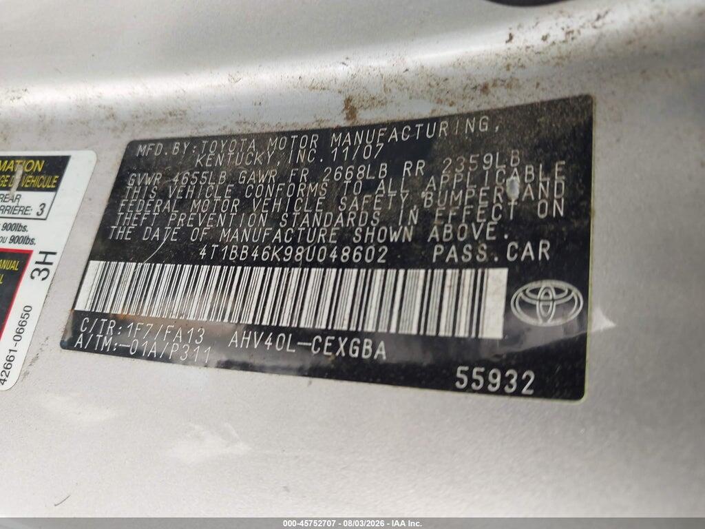 4T1BB46K98U048602 2008 TOYOTA CAMRY HYBRID photo no. 9