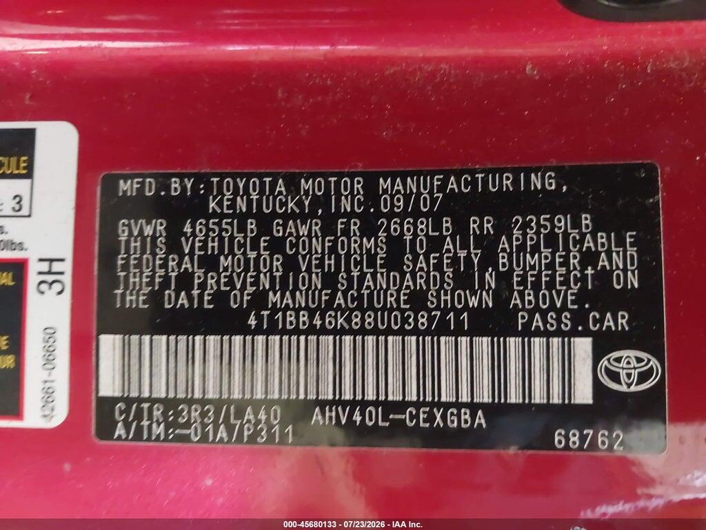 4T1BB46K88U038711 2008 TOYOTA CAMRY HYBRID photo no. 9