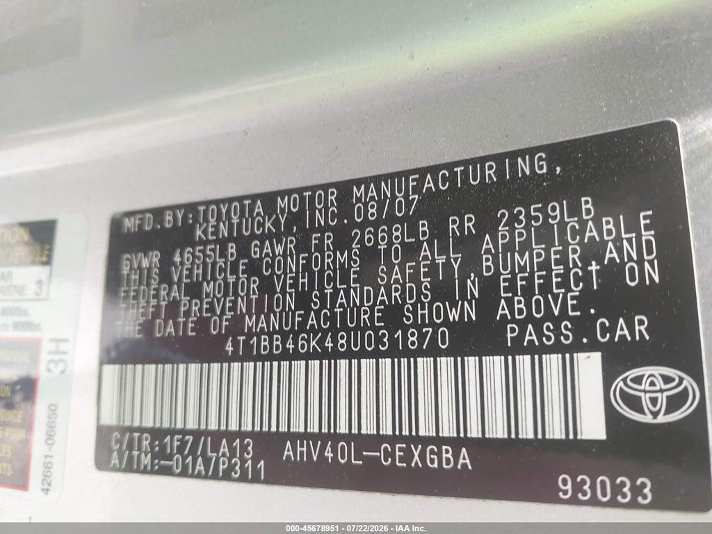 4T1BB46K48U031870 2008 TOYOTA CAMRY HYBRID photo no. 9