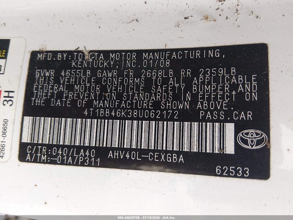 4T1BB46K38U062172 2008 TOYOTA CAMRY HYBRID photo no. 9