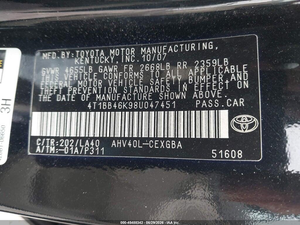 4T1BB46K98U047451 2008 TOYOTA CAMRY HYBRID photo no. 9