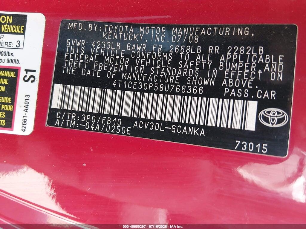 4T1CE30P58U766366 2008 TOYOTA CAMRY SOLARA photo no. 9