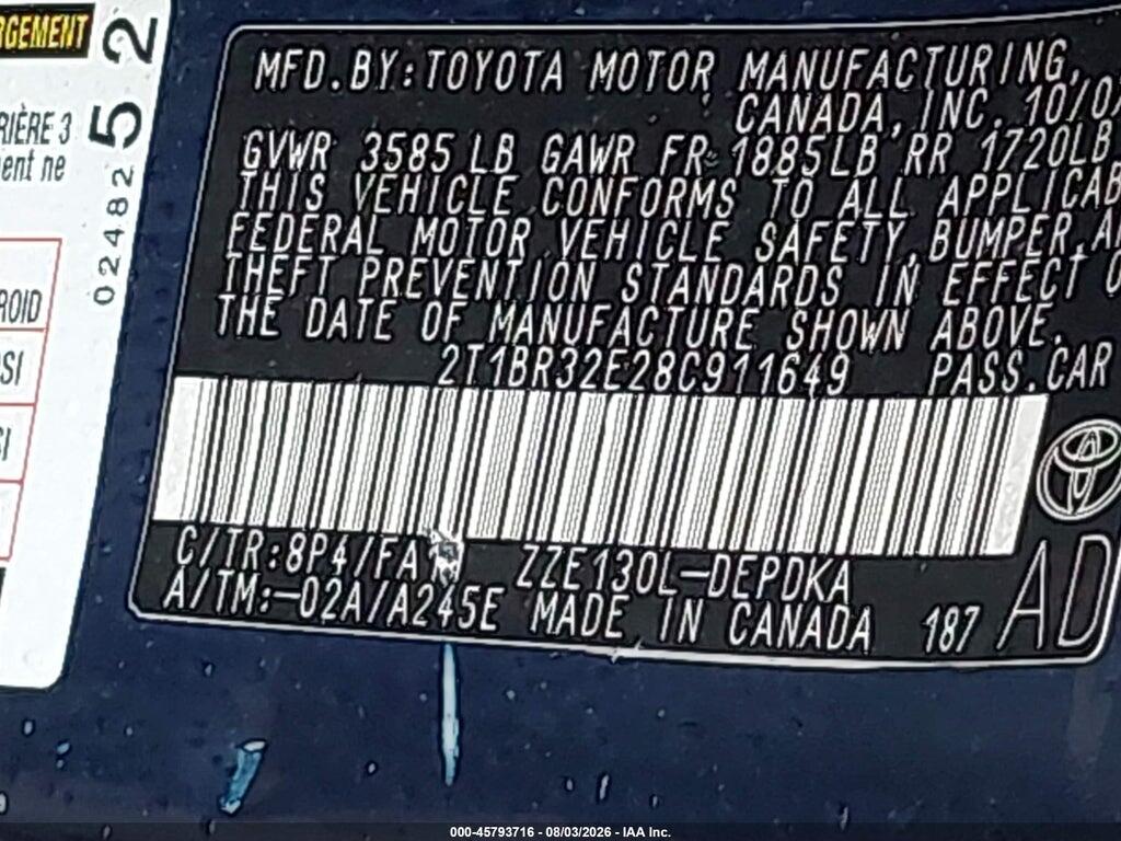 2T1BR32E28C911649 2008 TOYOTA COROLLA photo no. 9