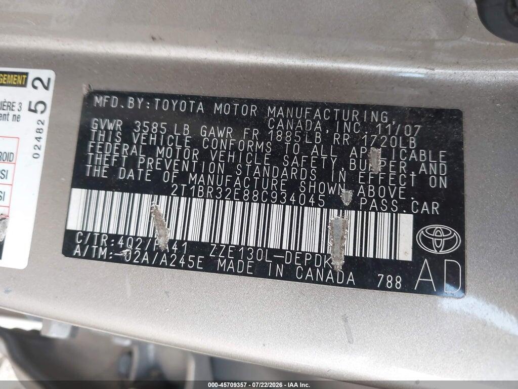 2T1BR32E88C934045 2008 TOYOTA COROLLA photo no. 9