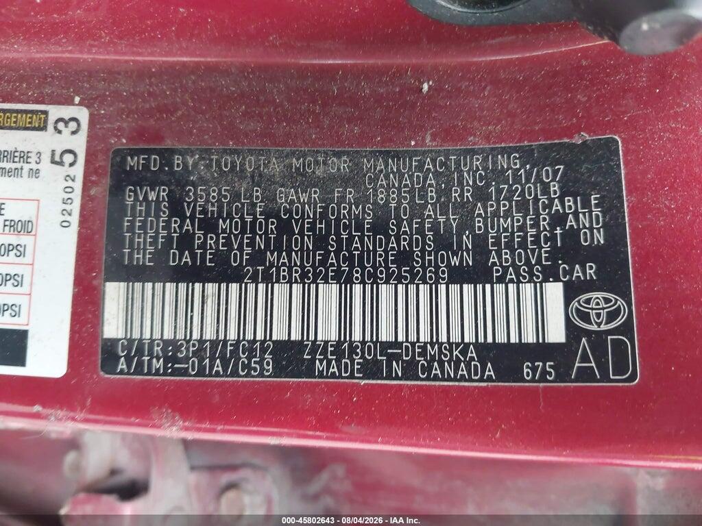 2T1BR32E78C925269 2008 TOYOTA COROLLA photo no. 9