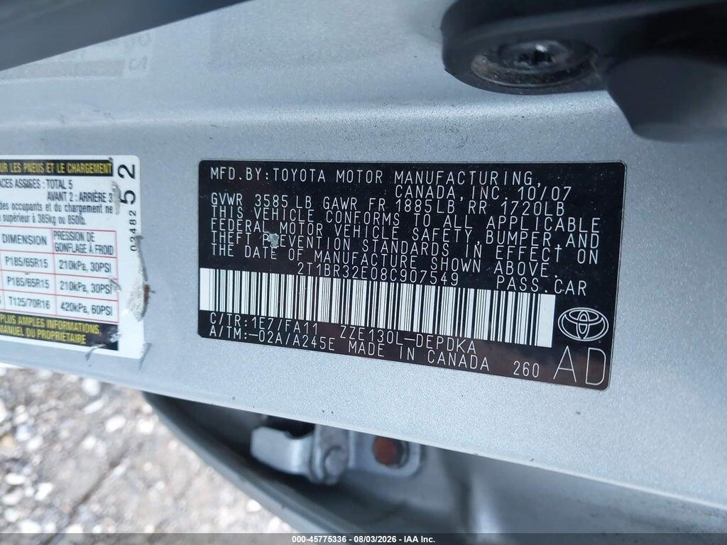 2T1BR32E08C907549 2008 TOYOTA COROLLA photo no. 9