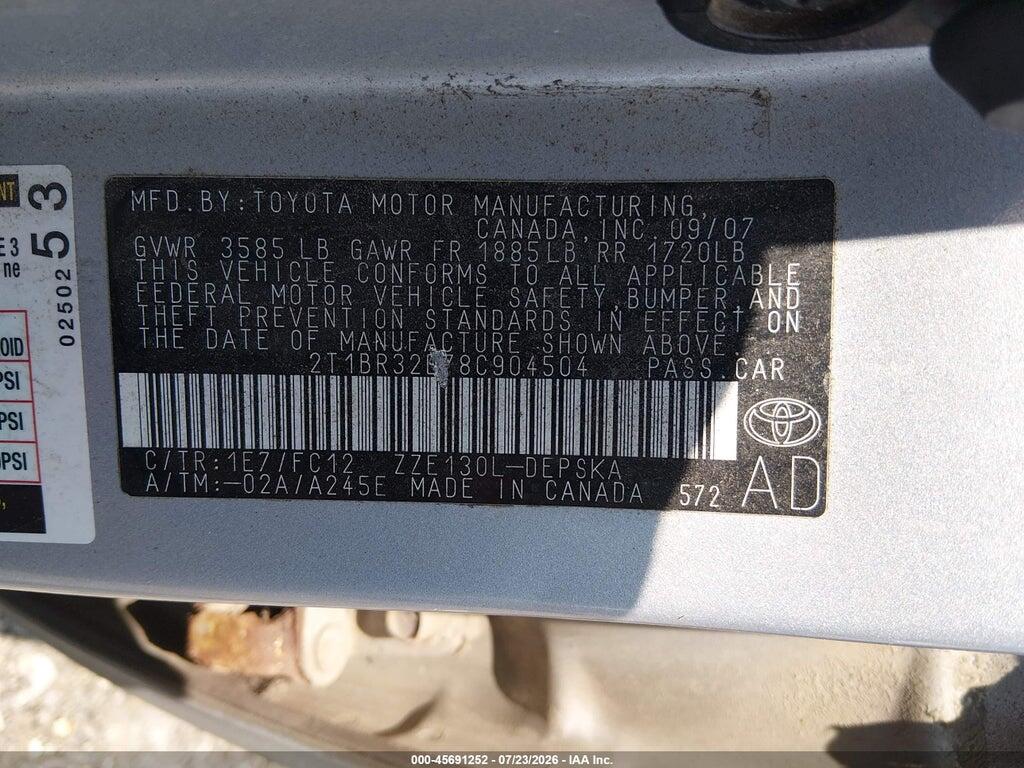 2T1BR32E78C904504 2008 TOYOTA COROLLA photo no. 9