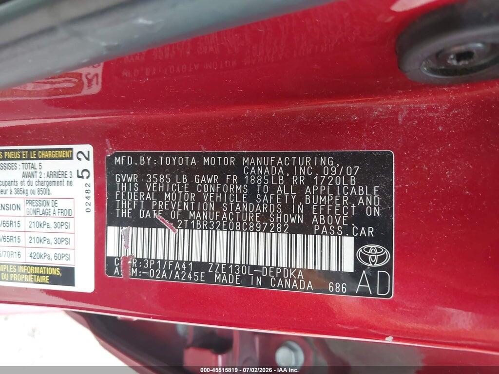 2T1BR32E08C897282 2008 TOYOTA COROLLA photo no. 9