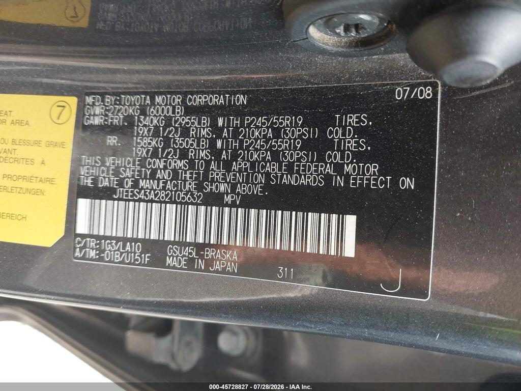 JTEES43A282105632 2008 TOYOTA HIGHLANDER photo no. 9