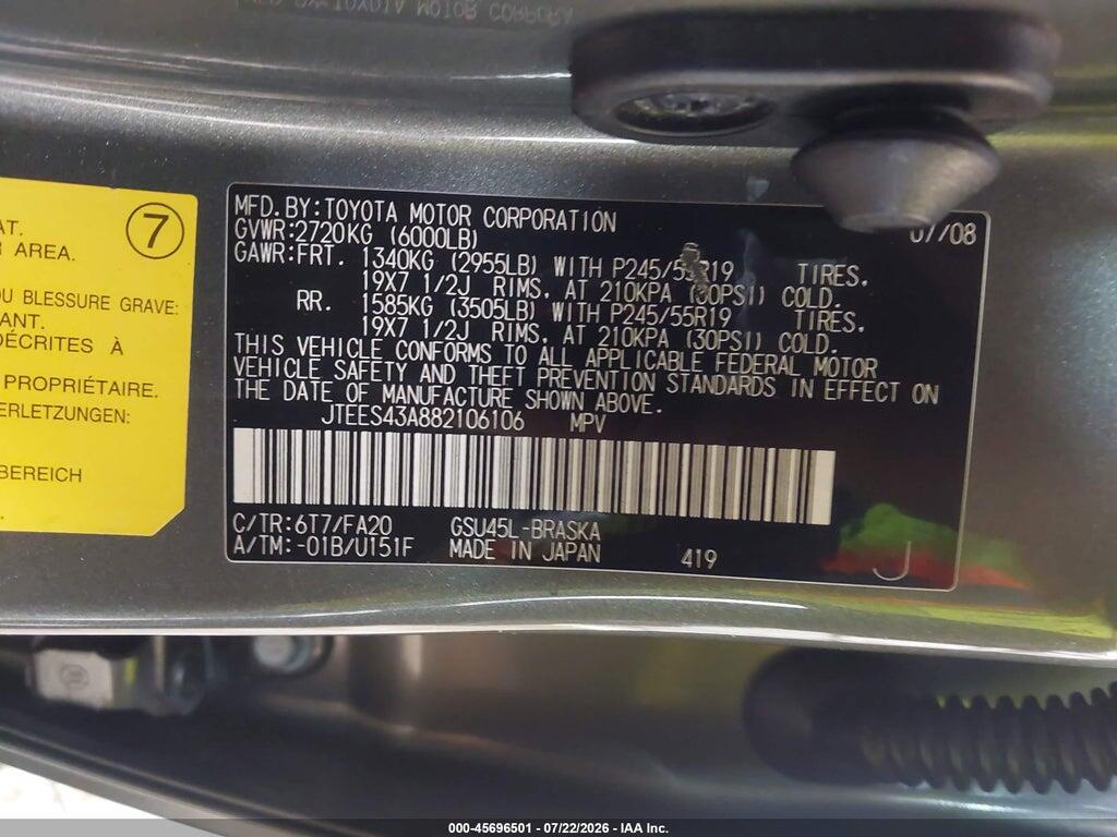 JTEES43A882106106 2008 TOYOTA HIGHLANDER photo no. 9