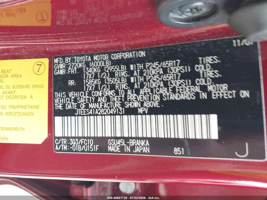 JTEES41A282049131 2008 TOYOTA HIGHLANDER photo no. 9