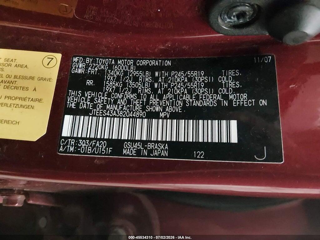JTEES43A382044890 2008 TOYOTA HIGHLANDER photo no. 9