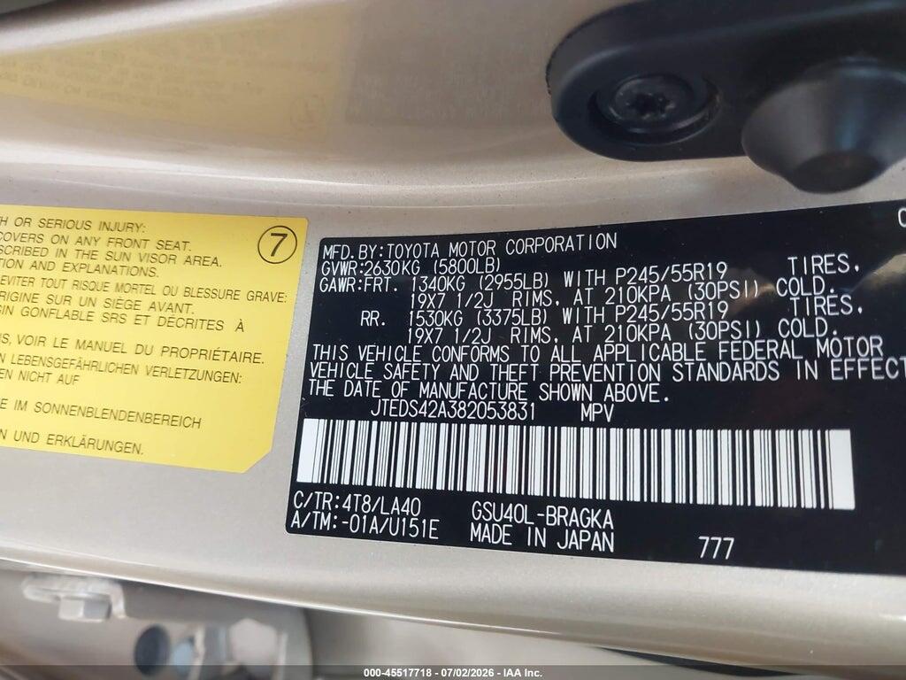 JTEDS42A382053831 2008 TOYOTA HIGHLANDER photo no. 9