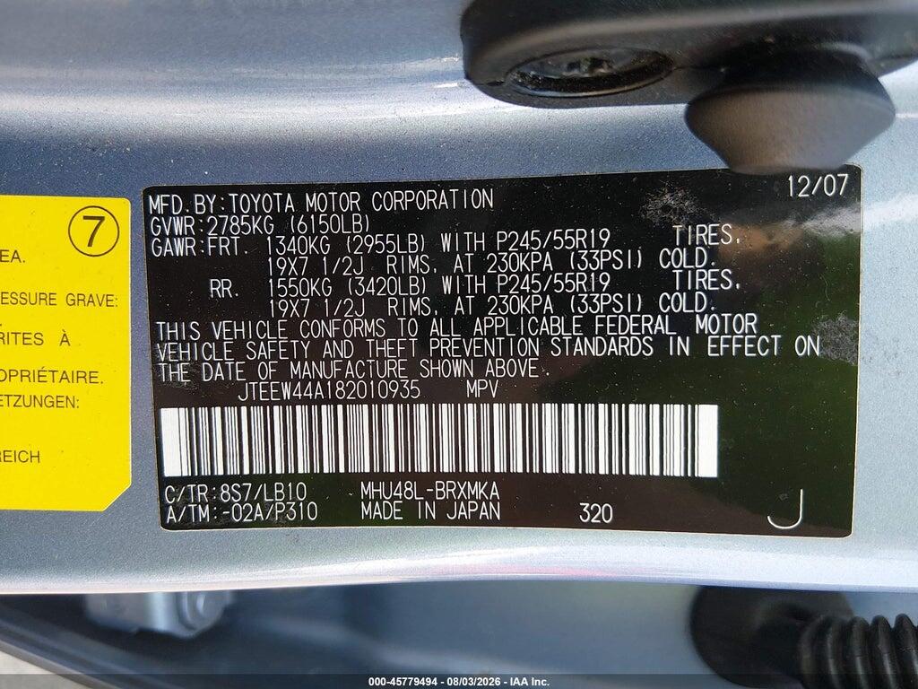 JTEEW44A182010935 2008 TOYOTA HIGHLANDER HYBRID photo no. 9