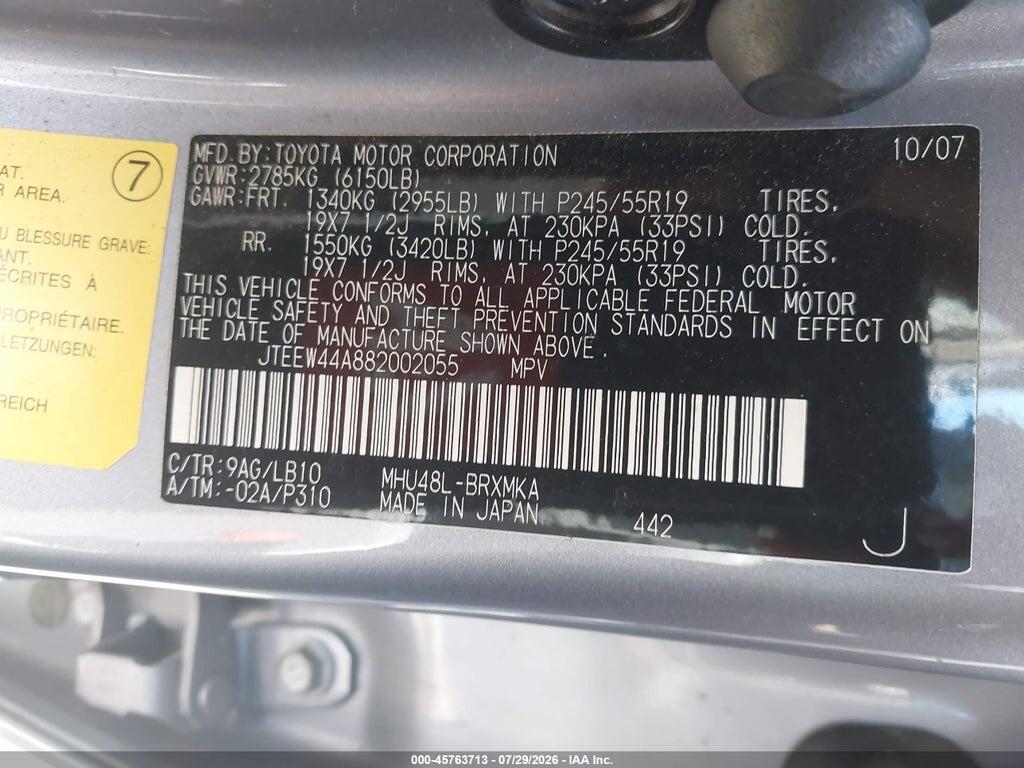 JTEEW44A882002055 2008 TOYOTA HIGHLANDER HYBRID photo no. 9