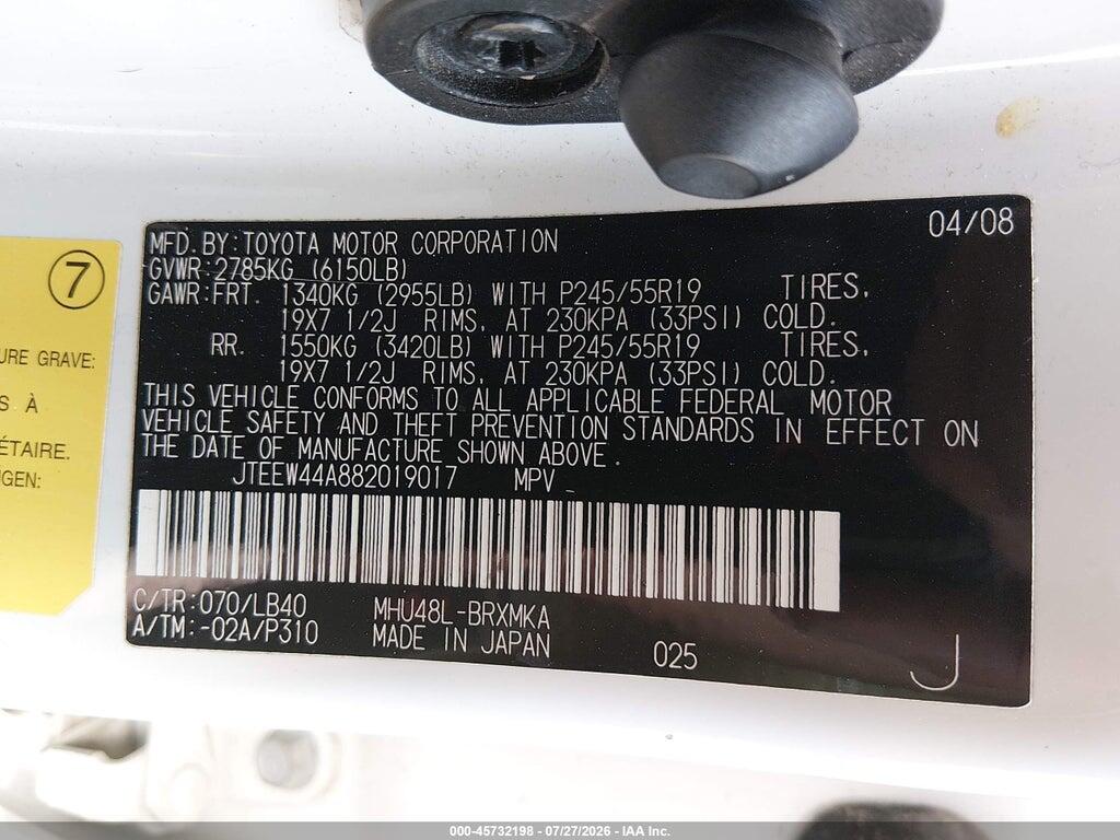 JTEEW44A882019017 2008 TOYOTA HIGHLANDER HYBRID photo no. 9
