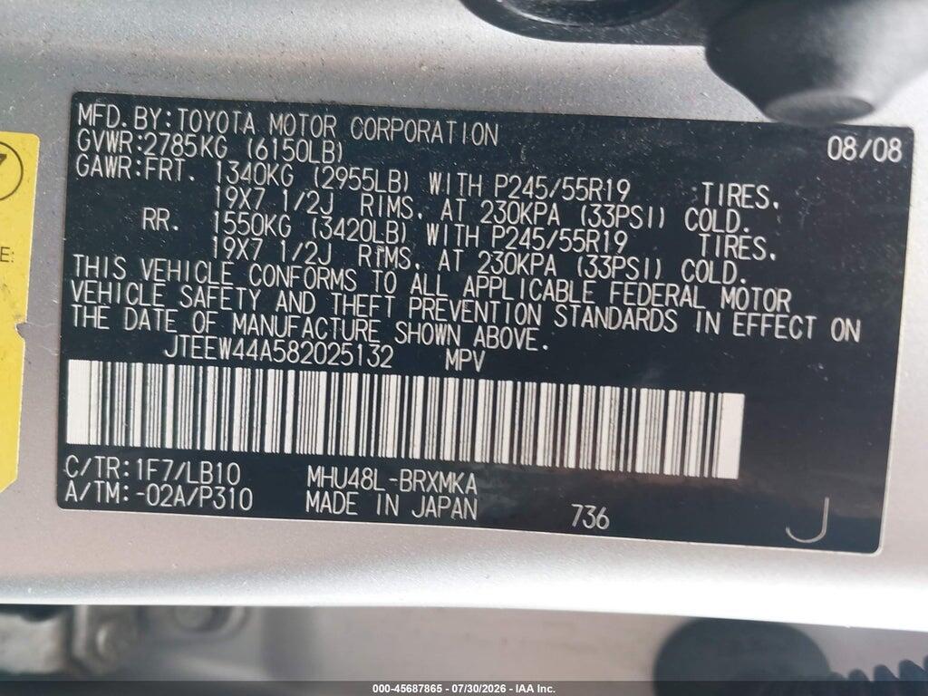 JTEEW44A582025132 2008 TOYOTA HIGHLANDER HYBRID photo no. 9