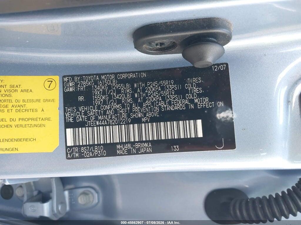 JTEEW44A782012219 2008 TOYOTA HIGHLANDER HYBRID photo no. 9